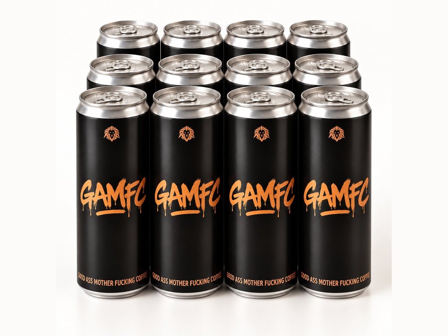 Twelve GAMFC cold brew cans in three rows